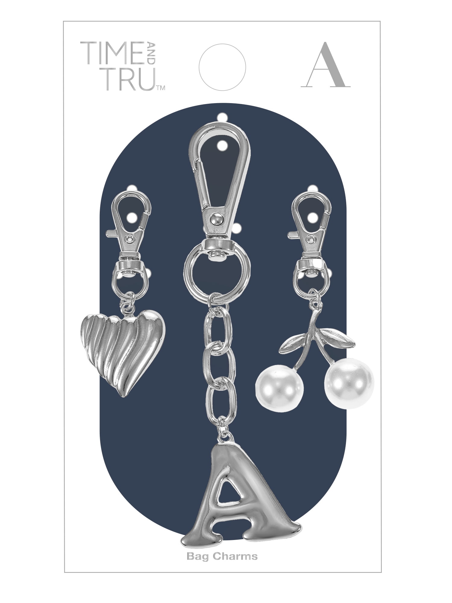 Time and Tru Silvertone Initial Letter Bag Charm Set, 3 Pieces, Letter A