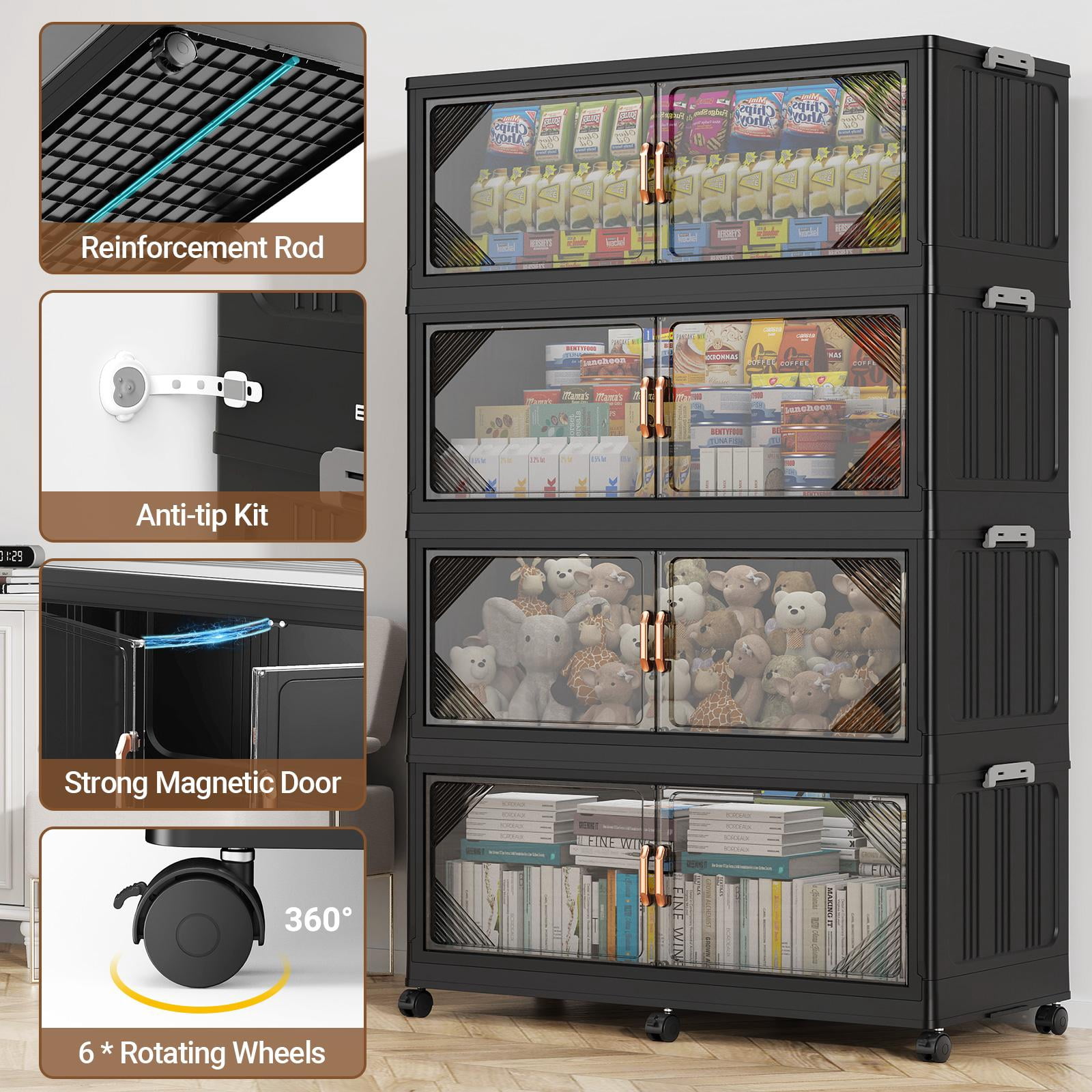 Broview V60 220Gal Extra Large Stackable Storage Bins with Lid, 880QT Plastic Containers With Drawers, Folding Closets with 6x Wheels, Collapsible Cabinets Organizers for Home Office, 4Pack Black