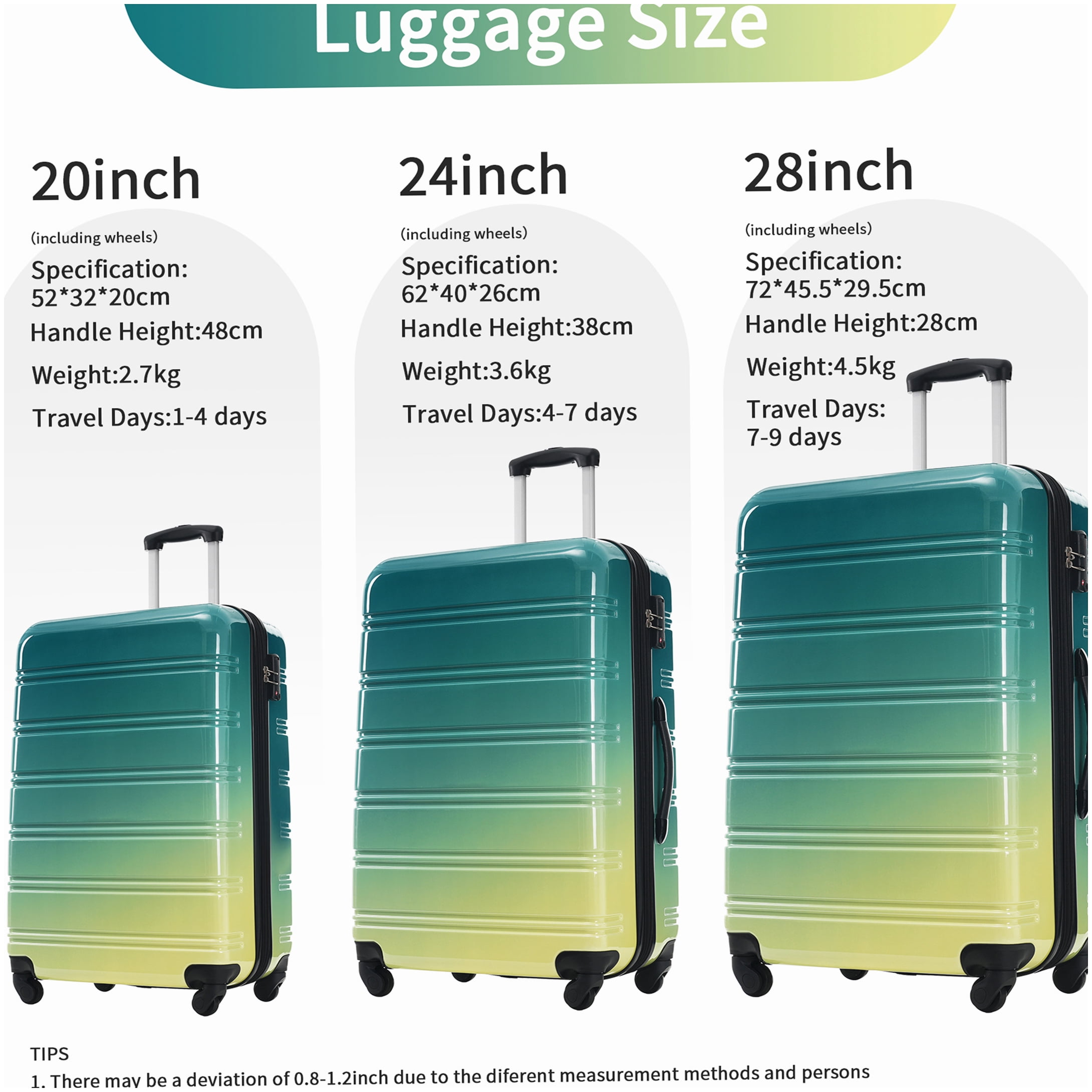 Lightweight PC Hardshell Suitcase Set 3-Piece, Green Yellow Gradient Expandable Luggage