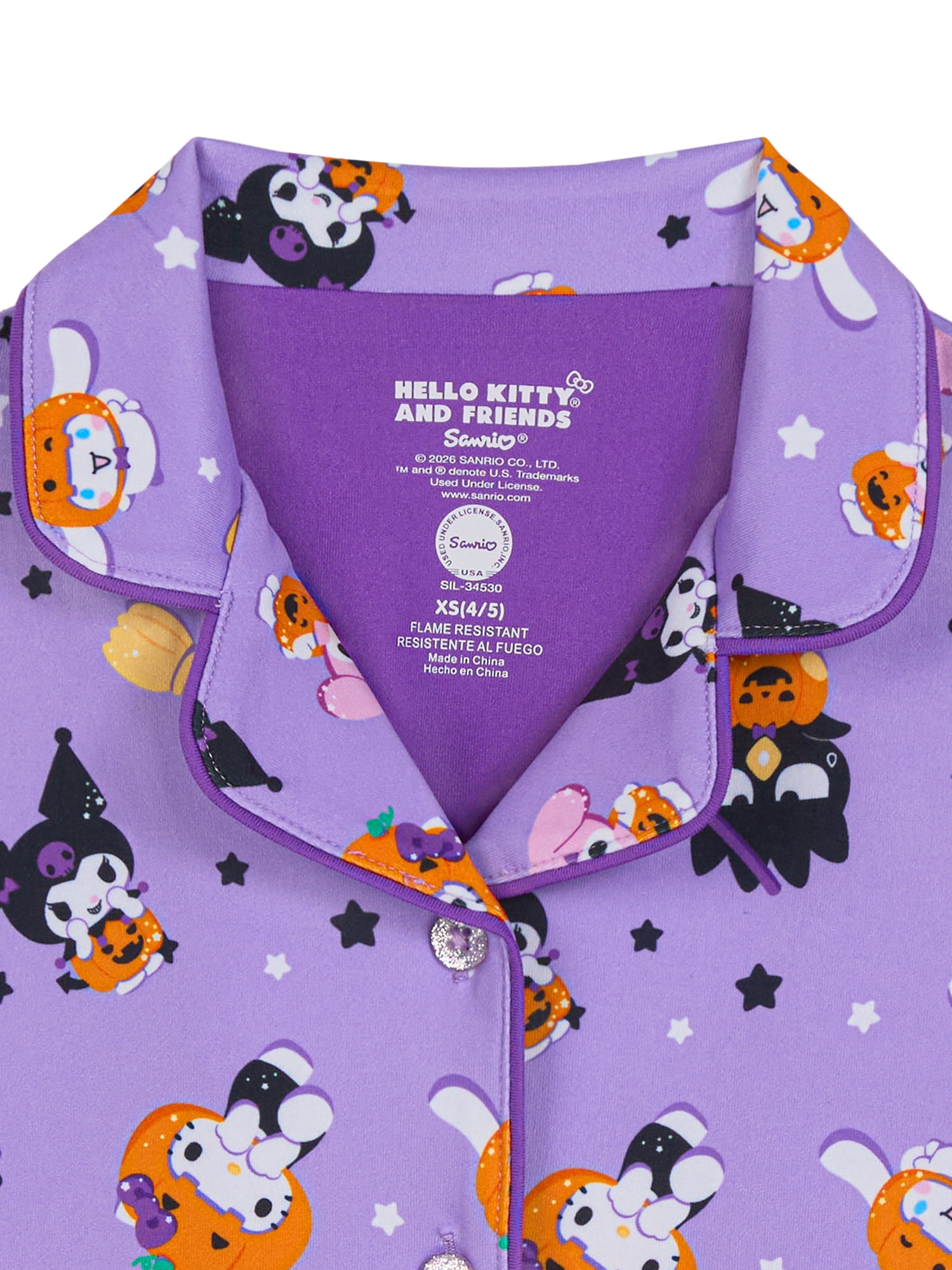 Hello Kitty Girls Halloween Short Sleeve Sleep Notch Collar Top and Pants Pajama Set, 2-Piece, Sizes 4-12
