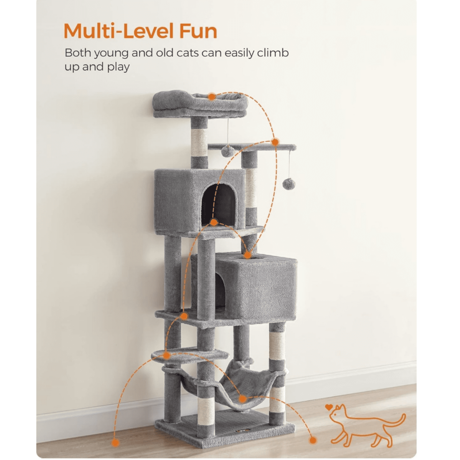 Cat Tree, 59.5-Inch Tall Cat Tower, Plush Multi-Level Condo with 5 Scratching Posts, 2 Perches, 2 Caves, Hammock, 2 Pompoms, Light Gray