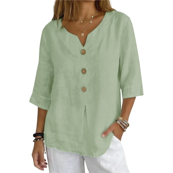 Xuyuer Summer Shirts for Women Button Down V Neck 3/4 Sleeve T-Shirt Blouse Casual Loose Basic Solid Tunic Tops 2026