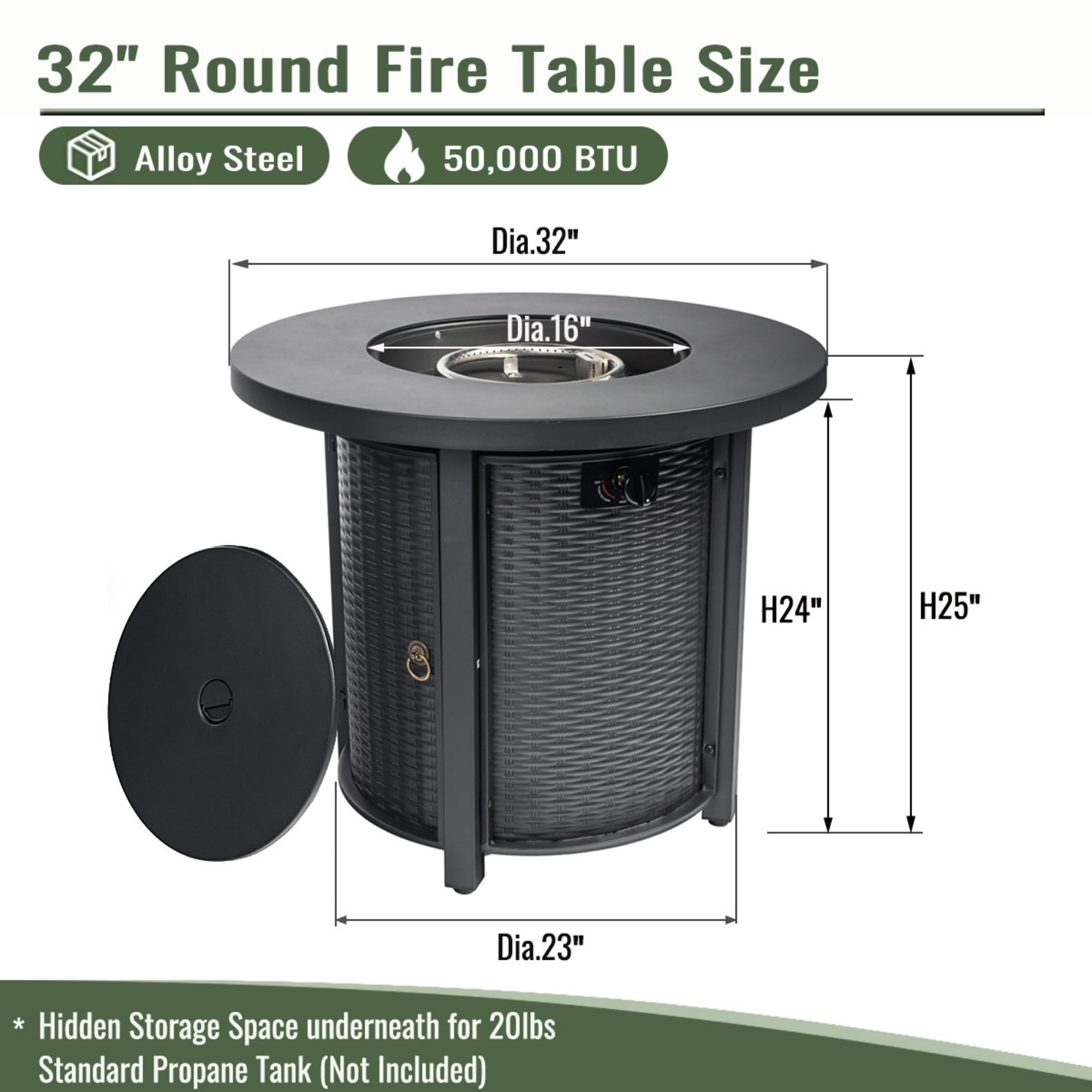 BOFANG 32 inch Propane Fire Pit Table with Lid & 50,000 BTU Heater, Black