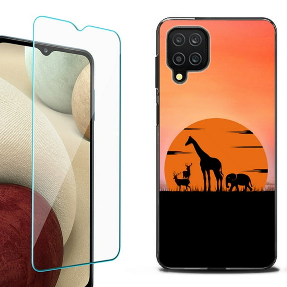 Slim-Fit Flexible TPU Gel Phone Case (black) for Samsung Galaxy A12, with Tempered Glass Screen Protector, by OneToughShield ® - Sunset Safari