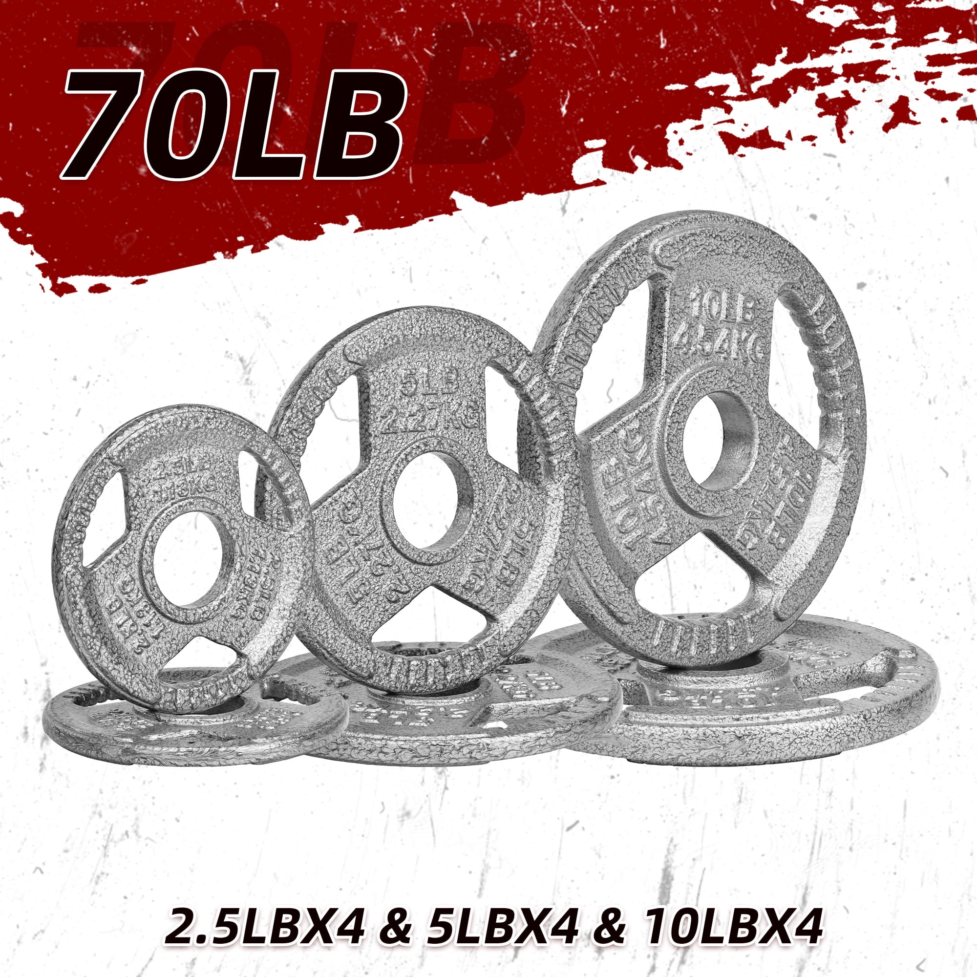 FlexWave 70LB Olympic 2" Cast Iron 3-Grip Weight Plates Set, Light Gray