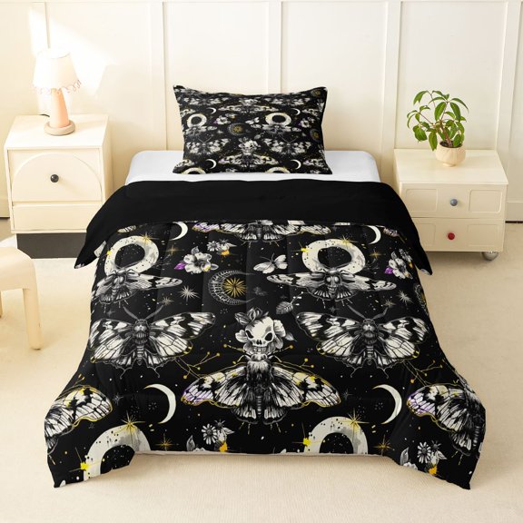 Homewish Gothic Moths Skull Twin Comforter Sets,Moon Floral Bedding Set,Cream Black,Halloween Duvet,Black Reversible,2 Pieces,1 Comforter and 1 Pillowcase