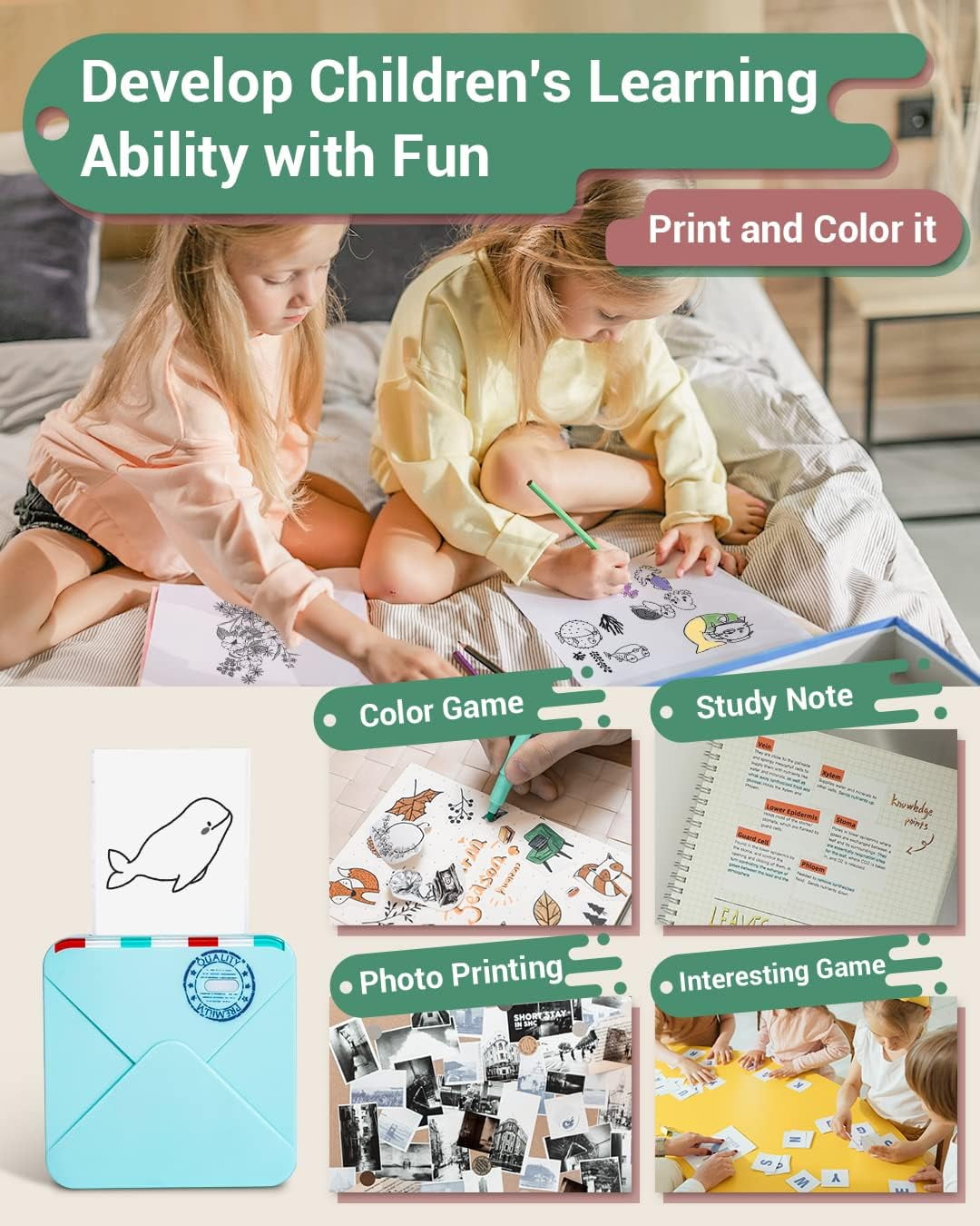 Phomemo M02S Mini Thermal Printer - HD 300dpi Bluetooth Printer for Phone, Compatible with iOS & Android - Perfect for Journaling, Photos & Creative Fun - Great Gift Idea (Teal)