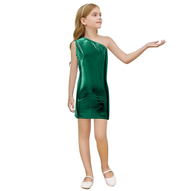 HXWCHs Robe Imprimée Étincelante pour Filles Robe à Sequins Épaule Asymétrique Col Rond Robe de Fête pour Tout-Petits Enfants Vert 3-4 Ans