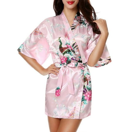 Womens Floral Silk Satin Kimono Robe Dressing Gown Wedding Babydoll