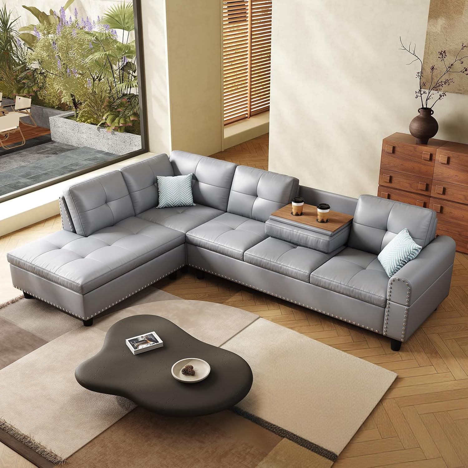 AENKYO 98" L-Shaped Upholstered Sectional Sofa Couch with Storage & Cup Holders, Faux Leather Living Room Sofa Set, Gray