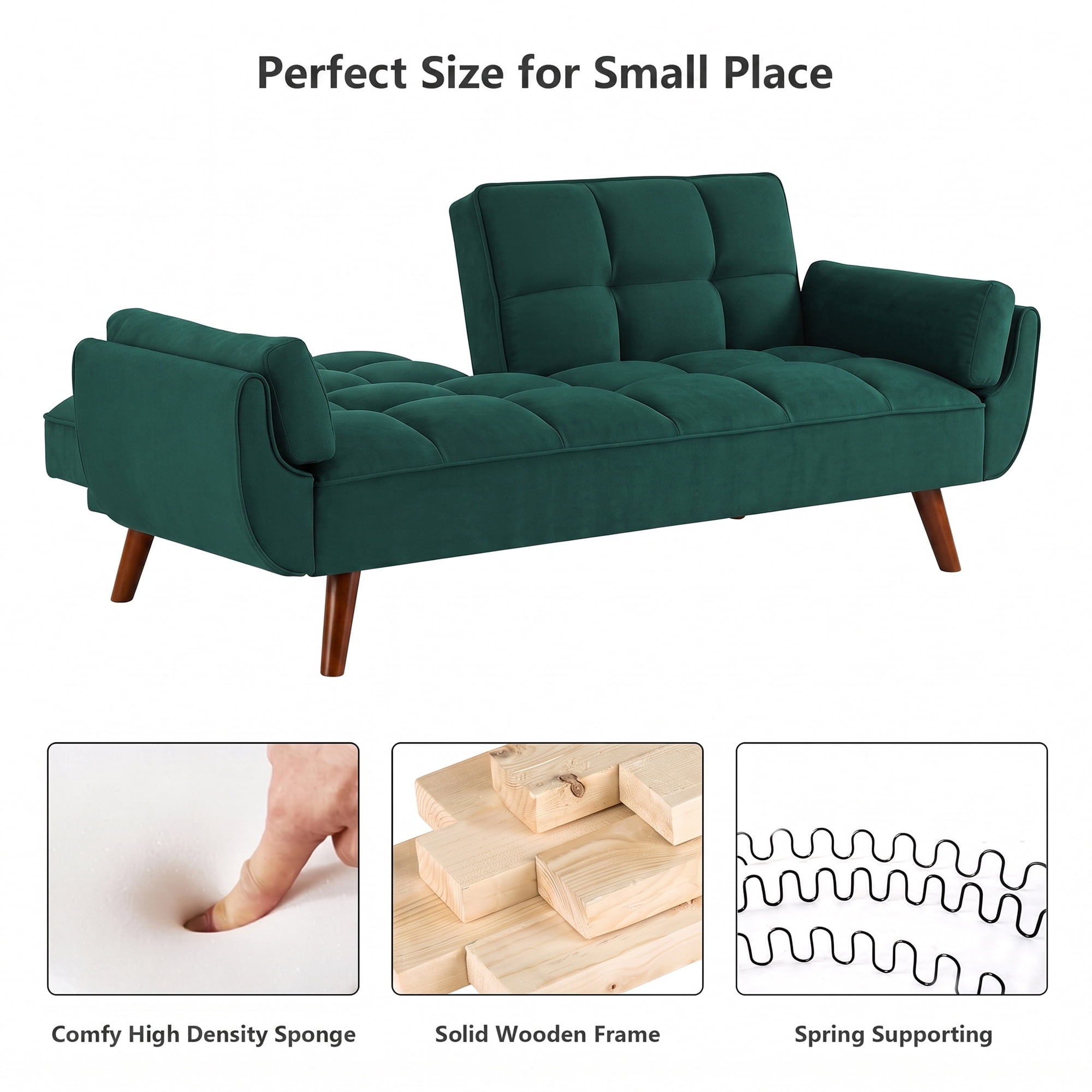 Aukfa 75" Pillow Top Arm Futon Convertible Sofa Bed, Tufted Loveseat Sleeper Couch for Home Office, Linen, Peacock Blue