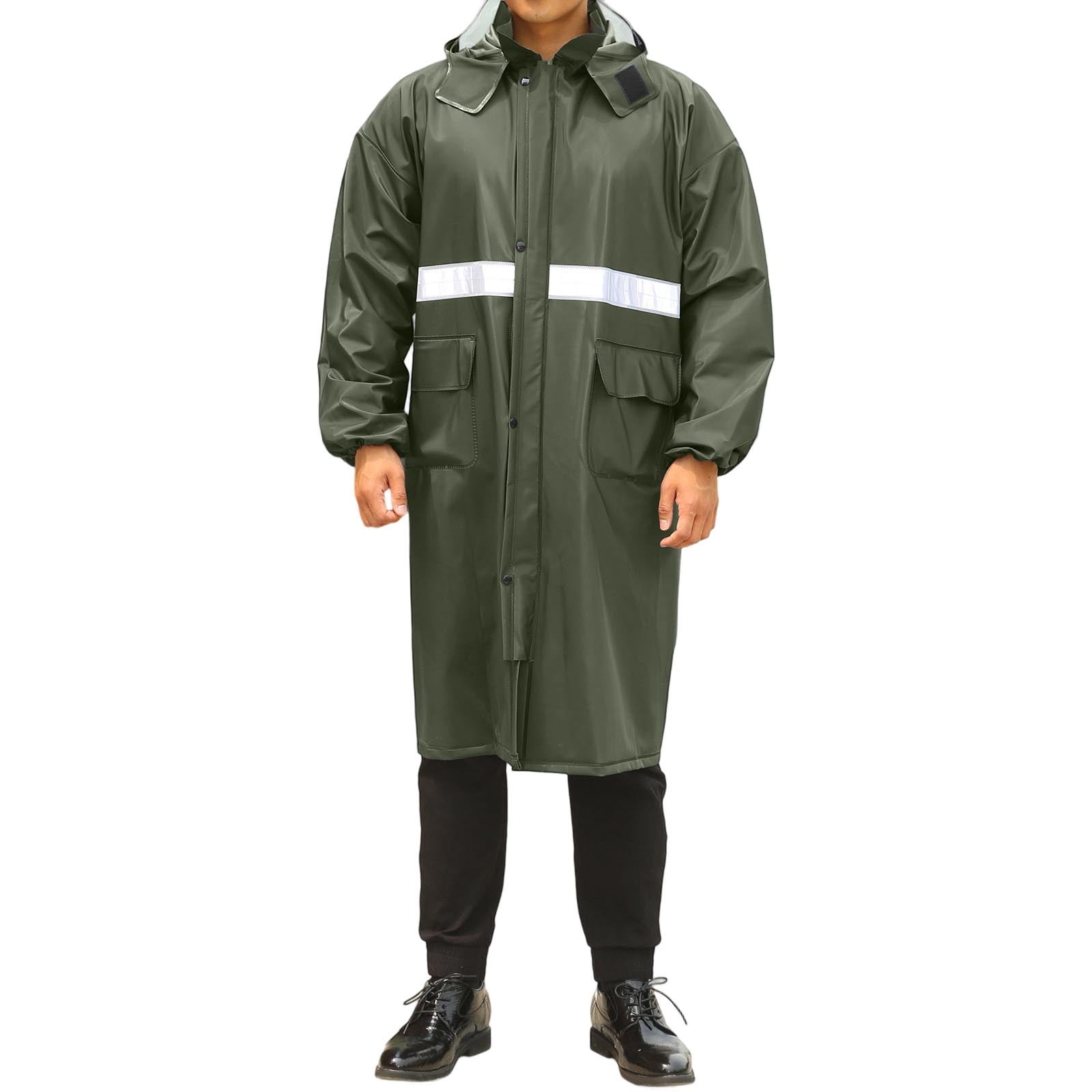 KeShDi Long Safety Rain Coats with Air Vents Reflective Stripes Hooded Raincoats Poncho Rainwear for Waterproof Work Rainstorm Proof PVC Hiking Raincoat Reflective Strip Army Green 4X