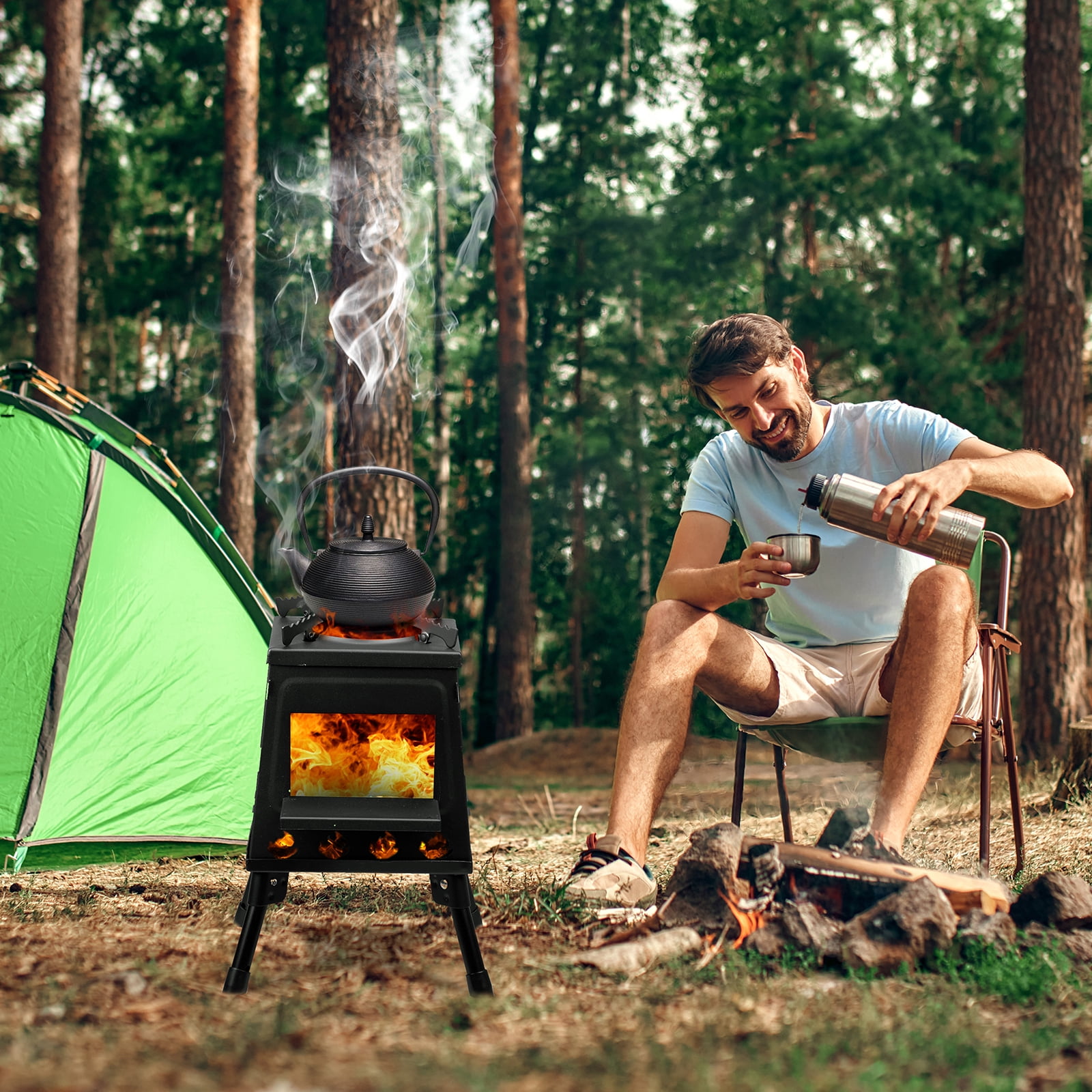 36*36*46.5cm Wood Burning Camping Stove - 40% Fuel Efficient, Portable, Multi-Fuel, for Camping, Hunting, Fishing​