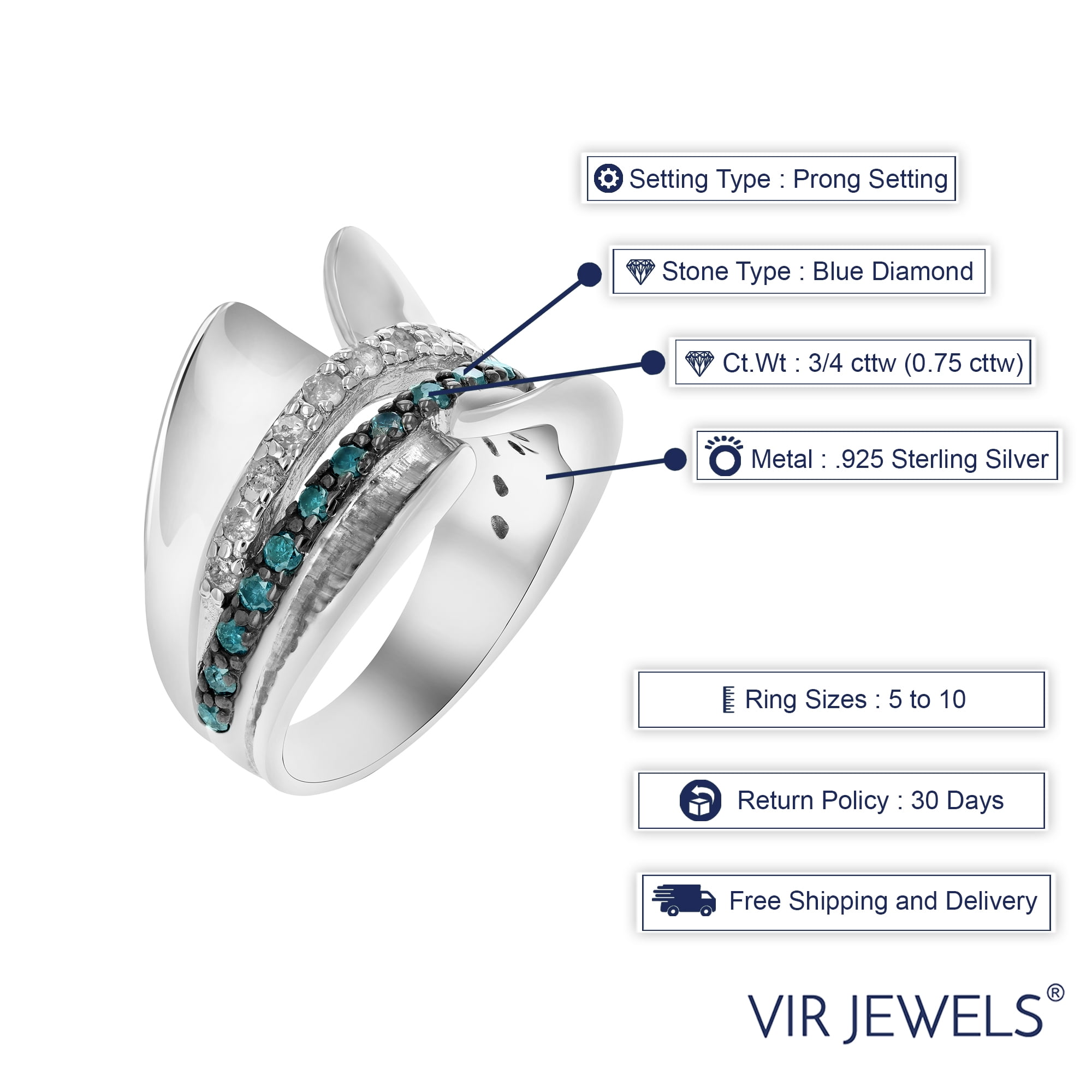 Vir Jewels 3/4 CTTW Blue and White Diamond Ring .925 Sterling Silver with Rhodium Size 7 Female Adult