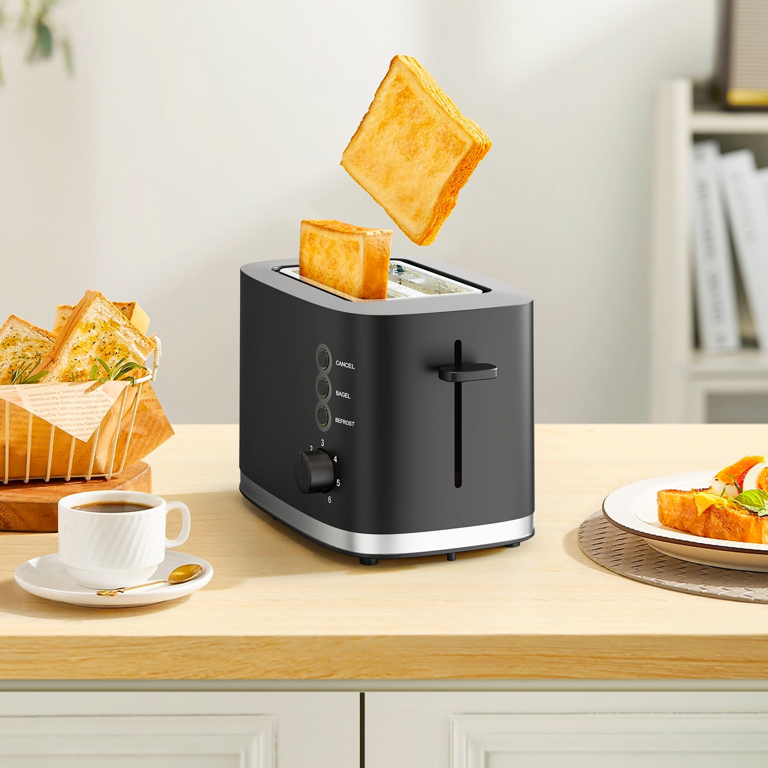 TINANA Wide Slot 2 Slice Toaster: Bread Toaster with Removable Crumb Tray, Small Toaster, 6 Bread Shade Settings, Auto-Shutoff, Toast Boost, Cord Storage Under Base, Black, 900W