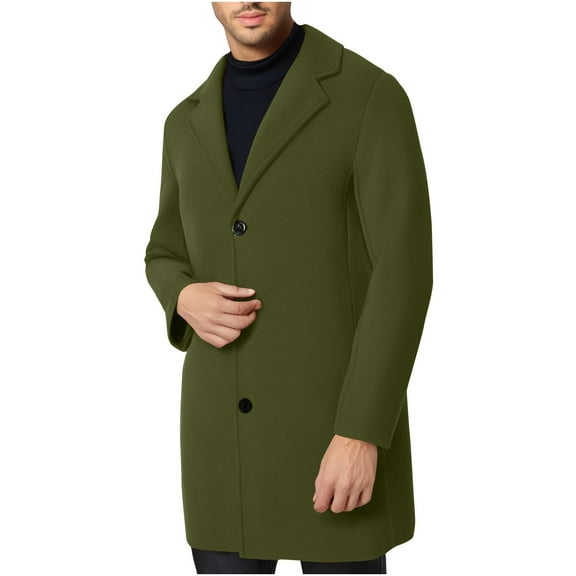 WTOBBY Men's Business Casual Wool Blend Trench Coat, Notched Collar Single-Breasted Overcoat with Pockets for Winter, Slim Fit and Versatile for Office and Events,Army Green L