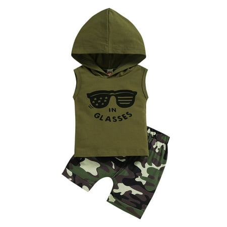 

Suanret Kids Toddler Boys Summer 2Pcs Outfits Sleeveless Eyeglass Letter Printed Hooded Tops + Camouflage Shorts Set Green 6-12 Months