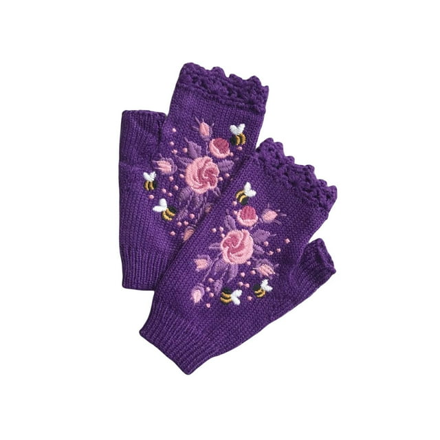 Decodeary 1 Pair Woman Embroidery Knitted Gloves Cycling Riding Flowers Mittens Dark Purple 1Set