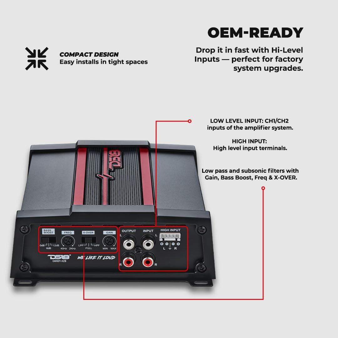 DS18 CANDY-X2B Full-Range Class D 2-Channel Car Amplifier 800 Watts, Built in Crossover, Bass Boost, Small and Compact Amp