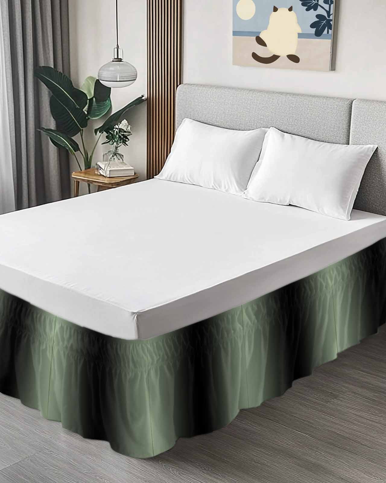 Sage Green Bed Skirt King Size 16" Drop and Black Gradient Ruffled Wrap Around Bed Skirts Adjustable Elastic Bedskirt Dust Ruffle for King Size Bed
