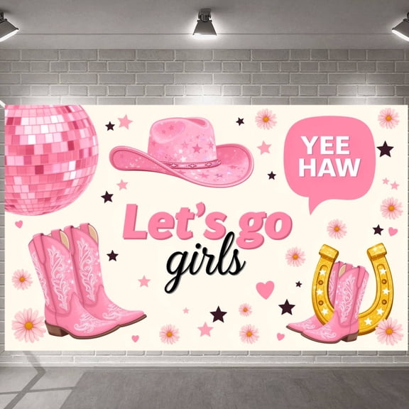 Pink Girly Cowgirl Banner Golden Horseshoe Decor Western Party Background for Bachelorette Party Girls Night Out Hen Do Celebration