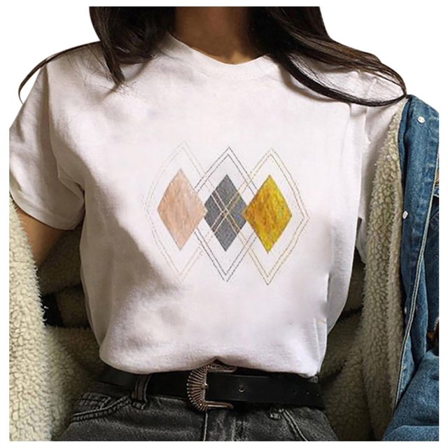 Pntutb Camiseta suelta de cuello redondo para mujer con estampado gráfico geométrico de moda para mujer Pntutb Pntutb-2056