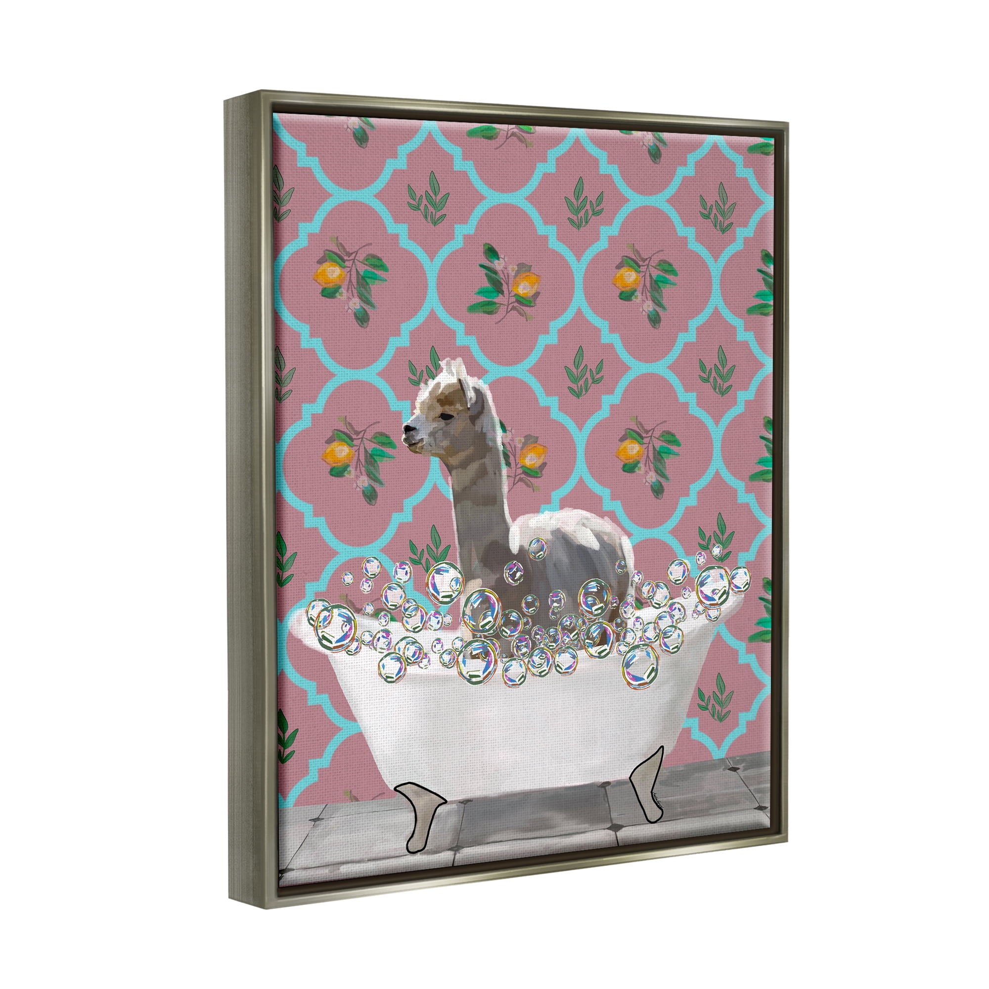 Stupell Industries Bathing Llama in Bathroom Animals & Insects Painting Gray Floater Framed Art Print Wall Art, 25 x 31