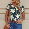 thumbnail image 6 of KLL Women 's Crew Neck Bodysuit Jumpsuits Lilies Flowers Print Short onesies Stretch T Shirts, 6 of 7