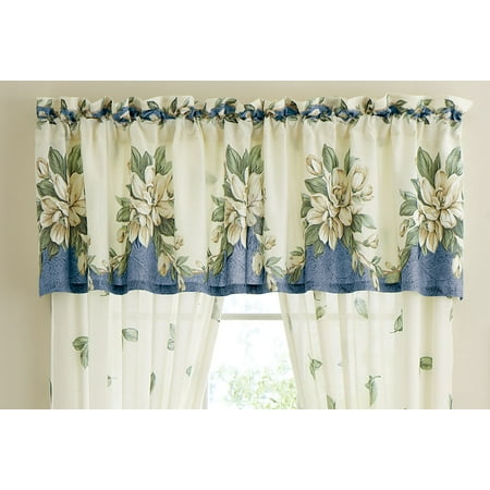 Magnolia Draperies - Magnolia Garden Floral Leaf Rod Pocket Window Curtains - Country Cottage Chic Design, Valance, Blue