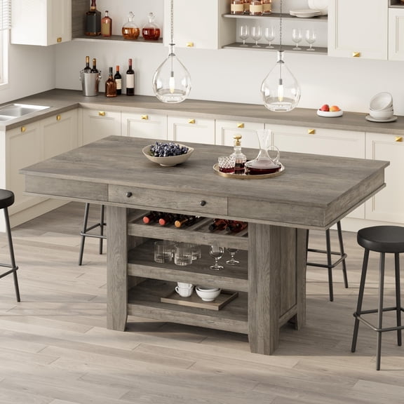 Accreate 60" Wood Dining Table for 4-6, Counter Height Kitchen Table with Wine Rack, 2 Drawers, Open Shelves, and Sturdy Legs, Ideal for Dining Room, Kitchen (Table Only)