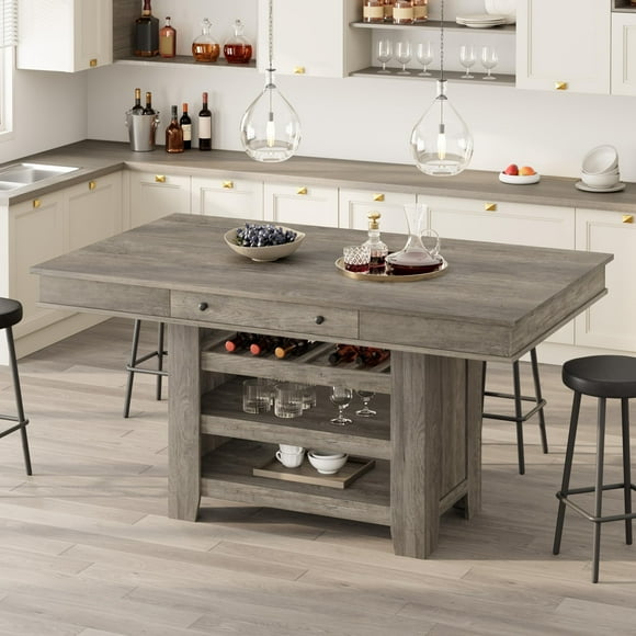 Yiwa Counter Height Kitchen Table, 60" Wood Dining Table with 2 Drawers, Wine Rack, and 4-Tier Open Storage