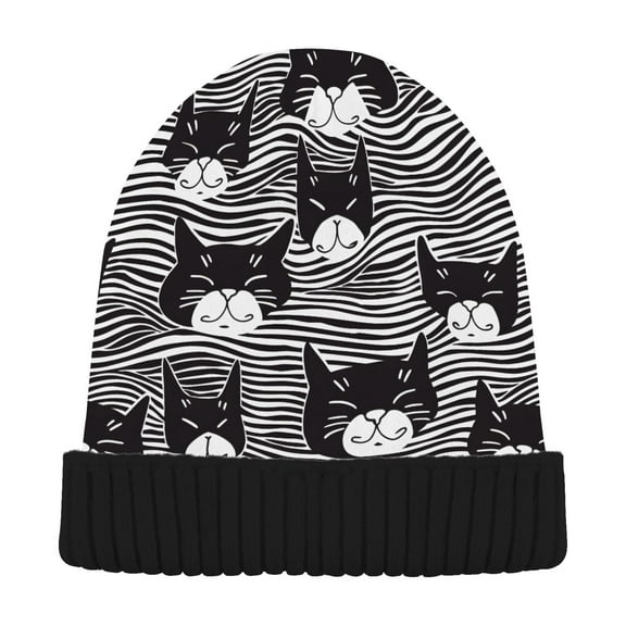 joogoo Cat on Stripes Beanie Hats Cuffed Winter Warm Knit Thick Beanies