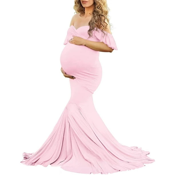 Saslax Shoulder Ruffle Sleeves Elegant Fitted Maxi Maternity for Photoshoot Baby Pink-S - Walmart.com