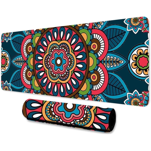 Mandala Flower Game Mouse Pad 31.5x11.8 Inches Bohemian Mexican Gothic Flora and Fauna Anti Slip Mouse Pad for Home Studio Keyboard Table Mat BDHYMN78
