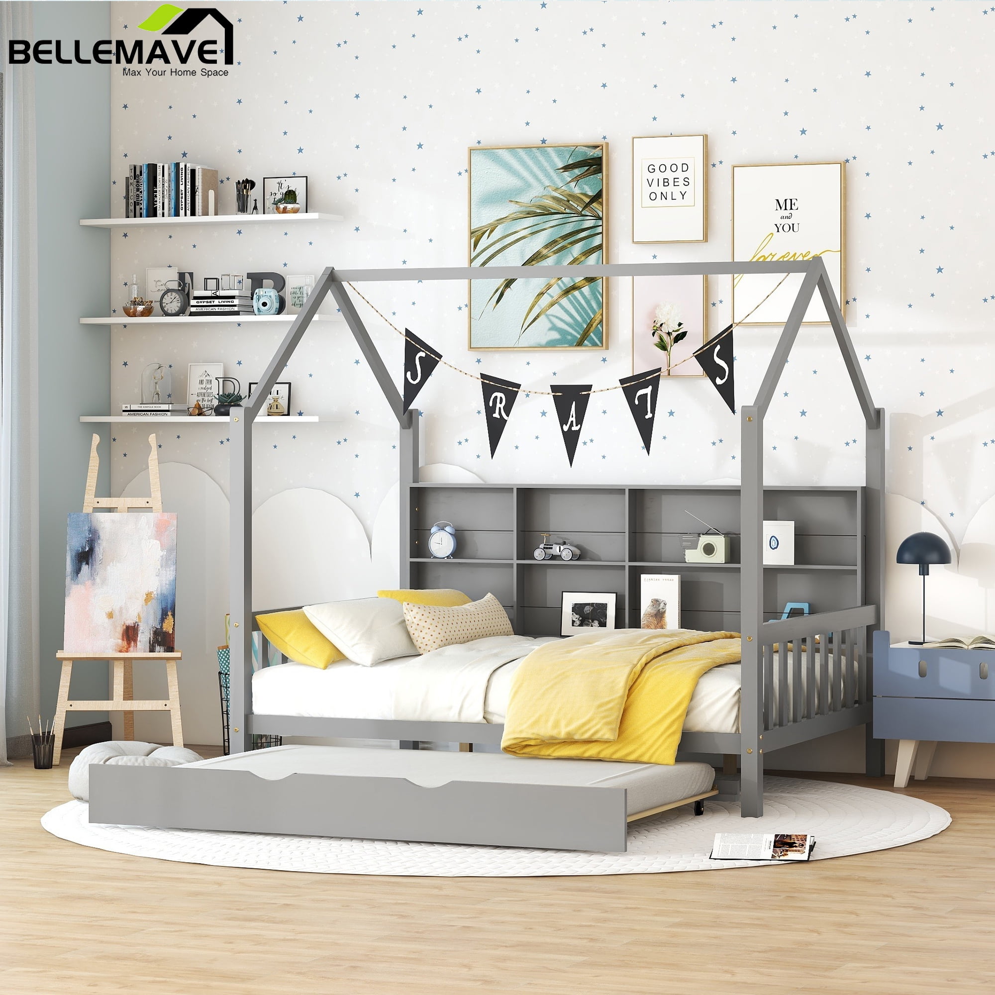 Bellemave Full Size House Bed with Trundle and Storage Shelves,Solid