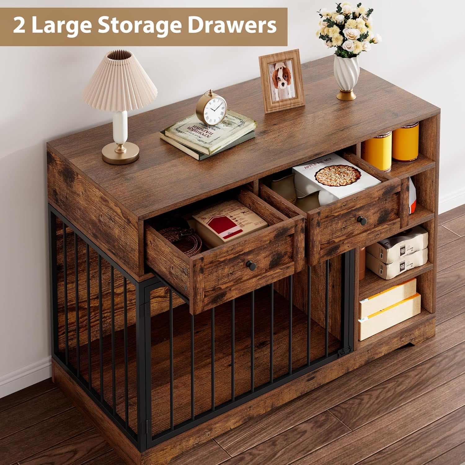 Senfot Furniture Style Dog Crate Cabinet, Multi Functional Pet Kennel with Storage, Decorative Dog House for Living Room Bedroom Brown
