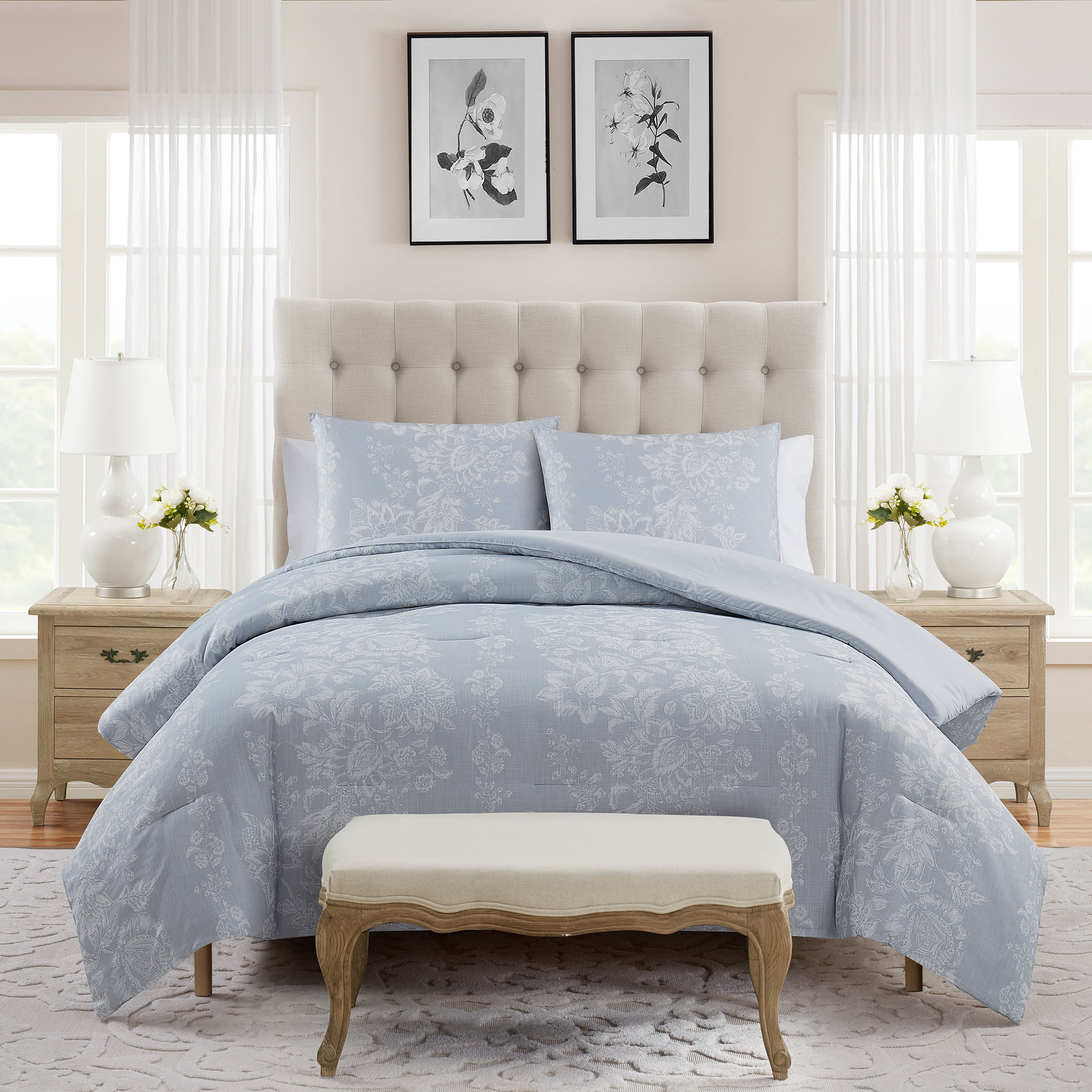 My Texas House Caroline 3Piece Blue Floral Slub Comforter Set, King