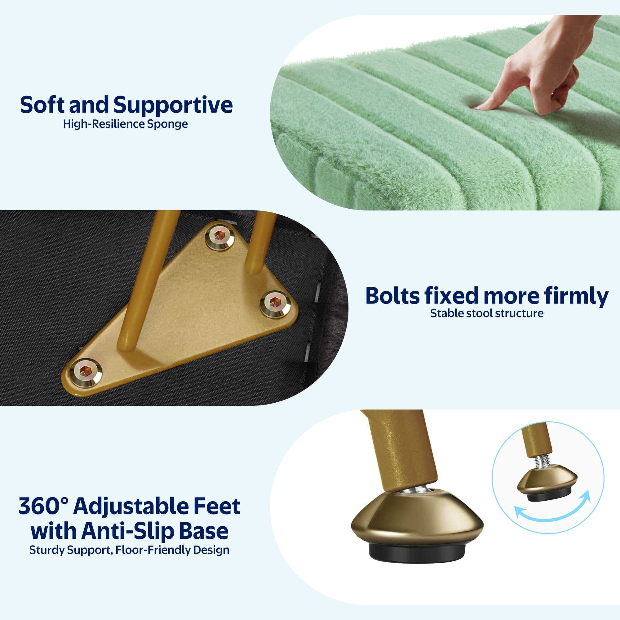 Greenstell Footstools Ottoman Bench with Storage, 15.5”L x 11.6”W x 19.2”H Vanity Faux Fur Padded Stool with Coffee Table Padded Seat and Adjustable Feet for Makeup Bedroom Entryway, Green
