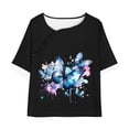 thumbnail image 3 of KIJBLAE Women's Summer Two Piece Outfits Blue Butterfly Print Short Sleeve O-Neck Loose Fit Tunic Tops with Pockets Long Pants Pajama Sets Black M, 3 of 5