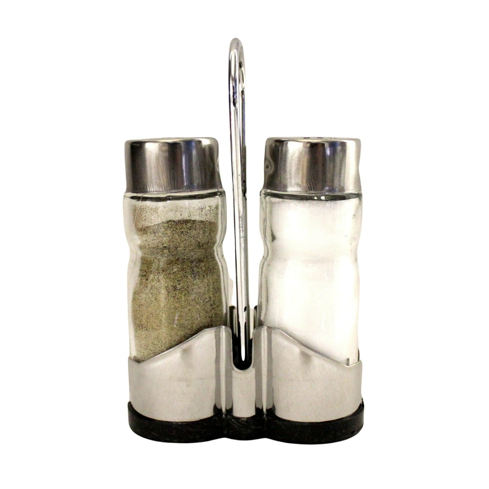 Salt and Pepper Shakers with Chrome Caddy - Glass Shaker Set with Glass Salt And Pepper Shakers With Stainless Steel Tops