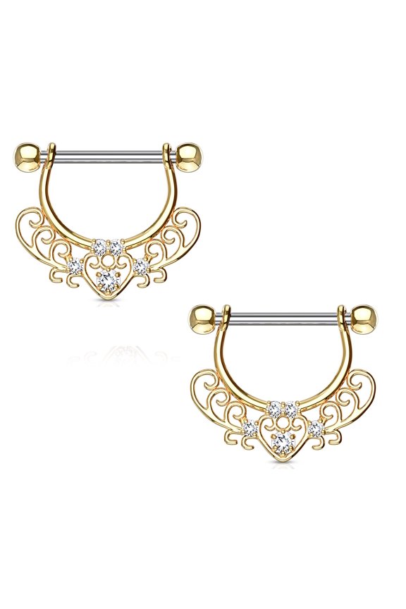 Nipple rings CZ Set Linked Feather Dangle 316L Surgical Steel