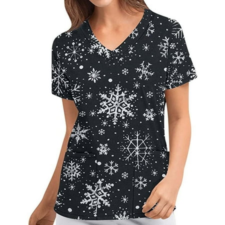 

TMOYZQ Christmas Gifts for Women! Christmas Womens Scrub Tops Medical Working Uniforms Christmas Print Short Sleeve V Neck Professional Nursing Workwear Loose Fit Blouse with Pockets