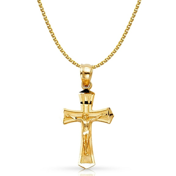 14K Yellow Gold Jesus Crucifix Cross Pendant with 1.5mm Flat Open Wheat Chain Chain Necklace