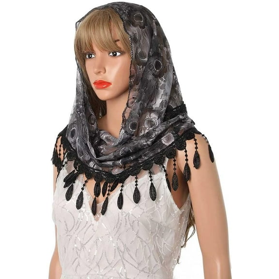 Lace Floral Church Veils Wedding Triangle Tulle Head Covering Tassel Mass Wrap Chapel Mantilla Veil for Women
