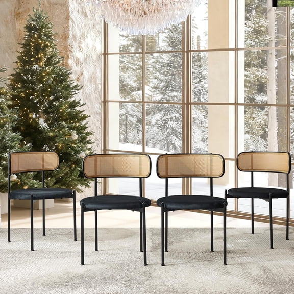 Rattan Dining Chairs Set of 4, Kitchen Chairs with Curved Cane Backrest &Metal Legs, Modern Dining Room Chair, Round Upholstered Sherpa Chair for Living Room, Black