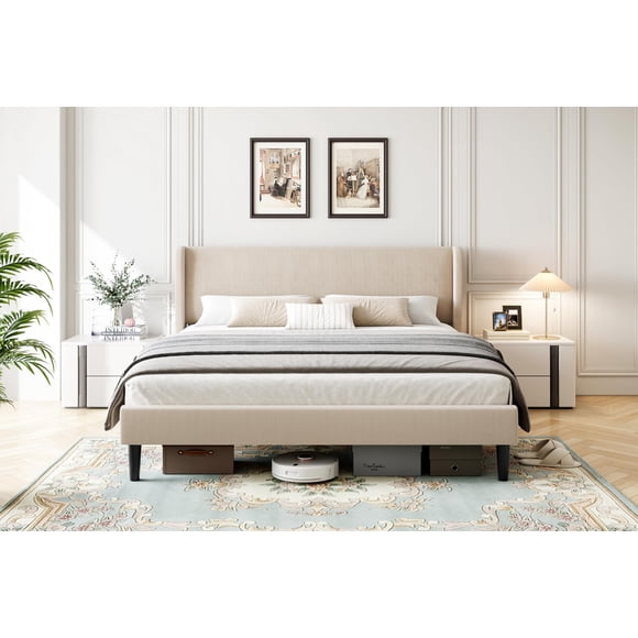 Yeshouse Cama matrimonial tapizada en terciopelo con cabecera tipo ala, sin base, color beige