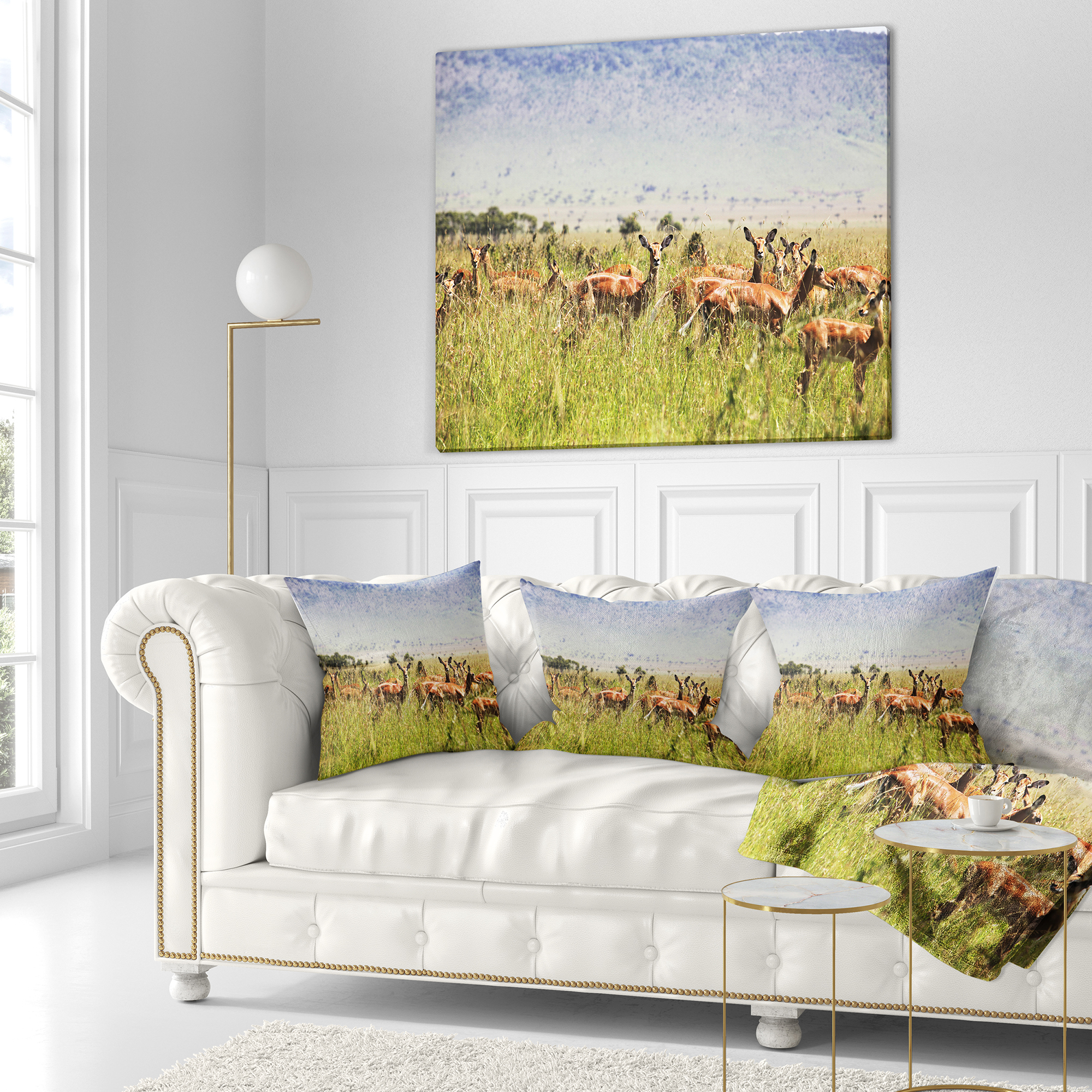 Designart Beautiful Antelope in Grass - African Landscape Printed Throw Pillow - 16x16