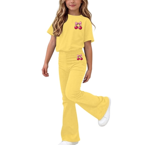 Girls Clothing Set Teen 2 Piece Outfits Round Neck Oversize Short Sleeve Tops Flare Pants Sets School Loose Yellow 14-15 Years