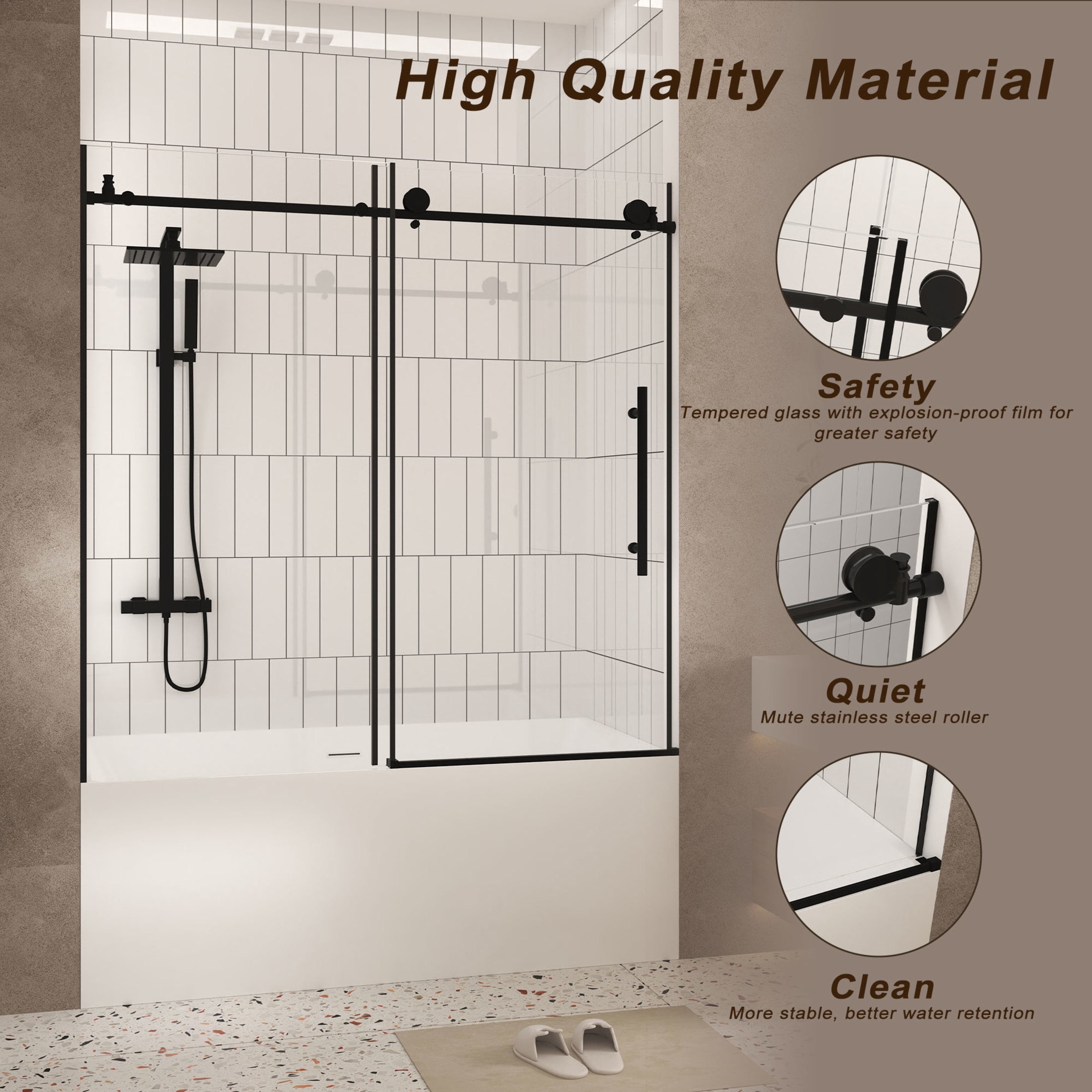 Noble House 60"x60" Frameless Sliding Shower Door, Tempered Glass with Stainless Steel Handle, Matte Black