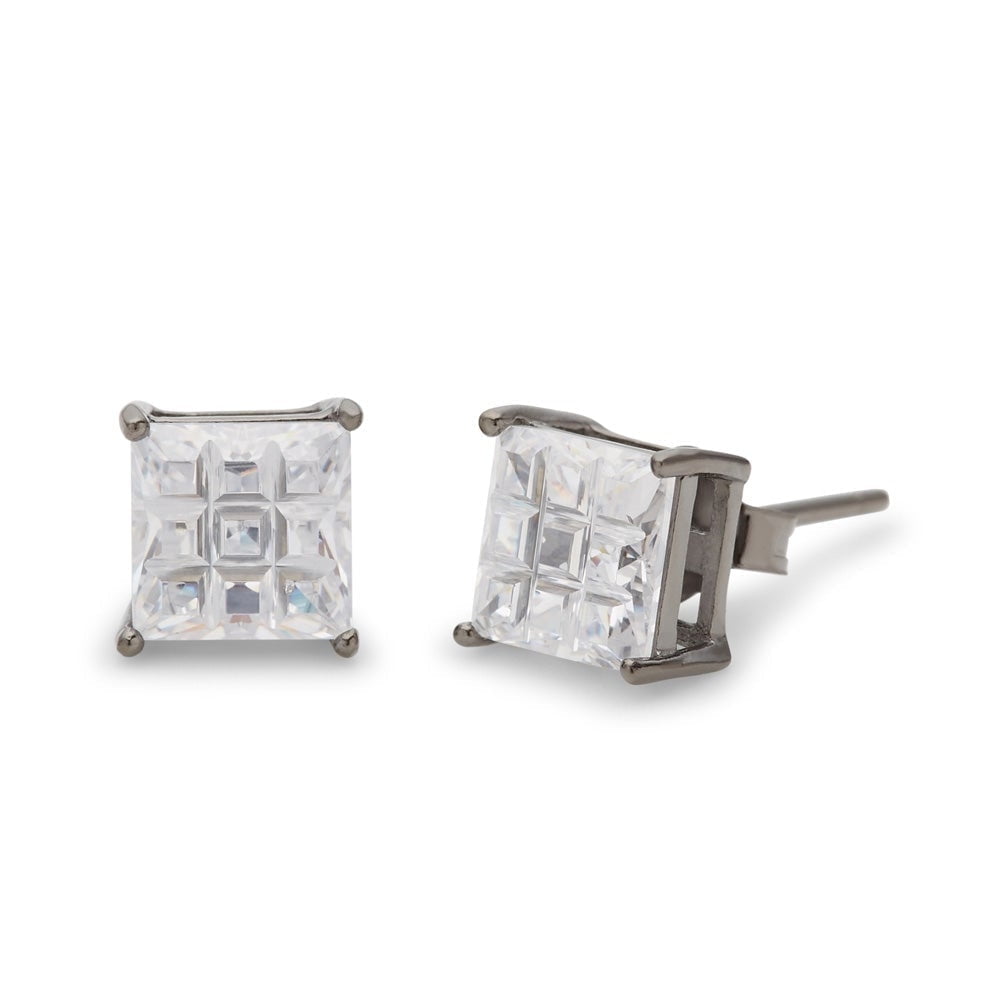 Men's Black Silver 6mm Invisible Cut Square CZ Stud Earrings